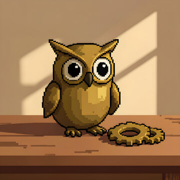 Clockwork owl on a wooden workbench