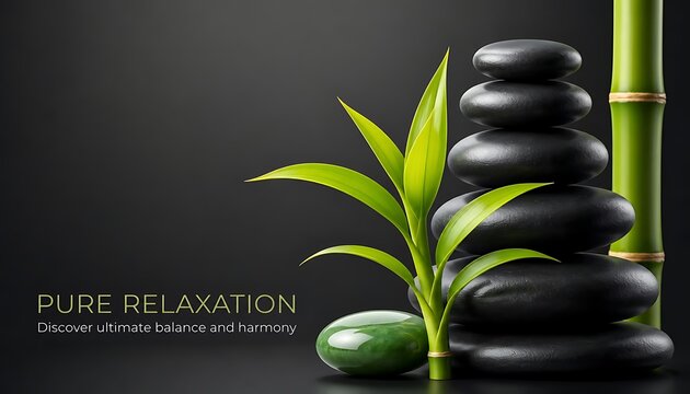 Zen spa background with stacked black stones bamboo sprout and typography on dark charcoal background