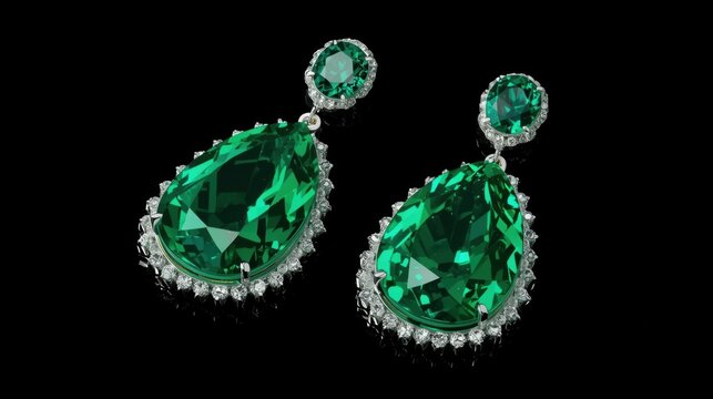 Luxurious pair of emerald earrings with teardrop shaped green gemstones surrounded by sparkling white diamonds against a black background
