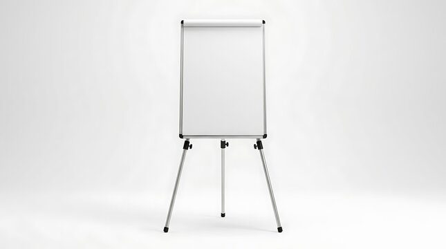 Blank flipchart stand with three metal legs isolated on white background for presentations and meetings