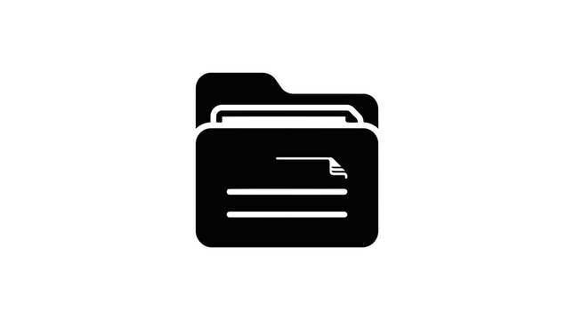 A minimalist black icon representing a digital document folder containing paperwork or files for business organization and data management systems on a white background