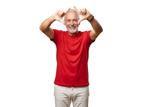 An elderly man wearing a red t-shirt making a framing gesture with his hands