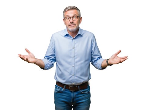 A confused middle aged man wearing glasses shrugging his shoulders in doubt
