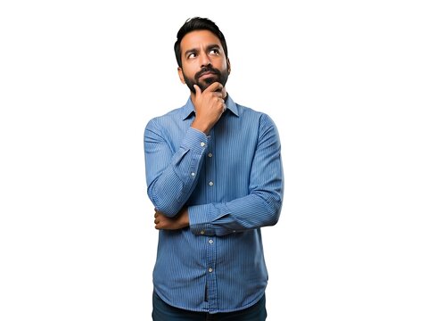 A contemplative man with a beard looking upwards while touching his chin