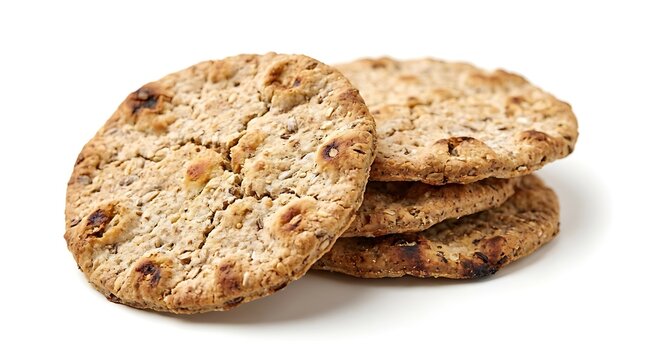 A stack of delicious homemade oat and seed crackers resting neatly on a clean isolated on white background