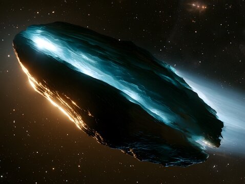 Interstellar asteroid or comet with a glowing blue core traveling through deep space among stars, 3I/ATLAS
