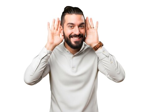 A bearded man with a top knot hairstyle putting his hands near his ears