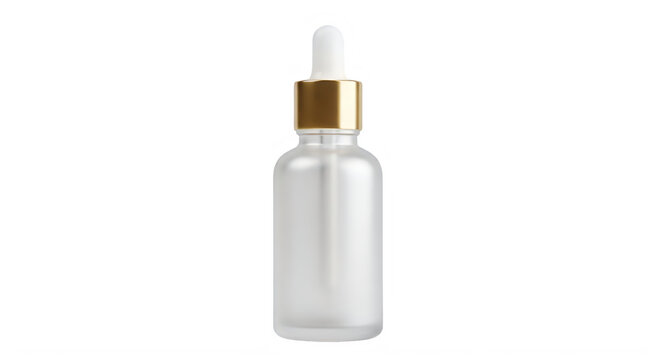 Frosted white glass dropper bottle with gold collar and white bulb for premium serum.