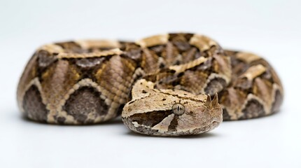 Obraz premium Close up of a rhinoceros viper with striking patterns and distinctive horns coiled neatly isolated on white background