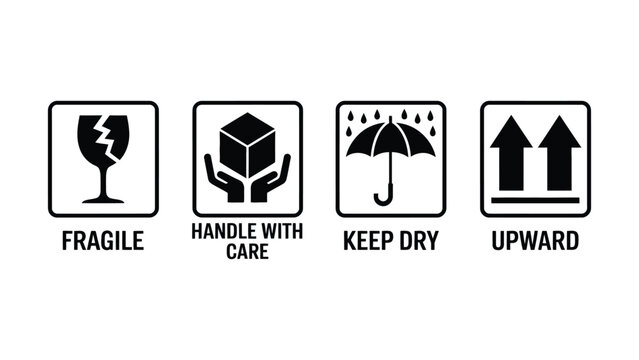 Packaging shipping labels icons set with fragile handle with care keep dry and upward cargo symbols vector illustration