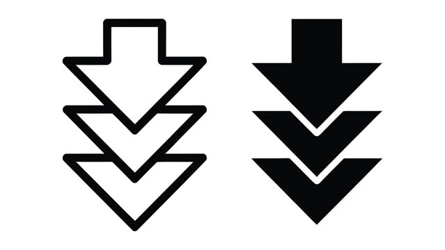 Triple down arrows scroll down and download direction icons set in outline and solid styles vector illustration