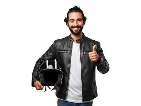 A bearded man in a leather jacket holding a motorcycle helmet and smiling