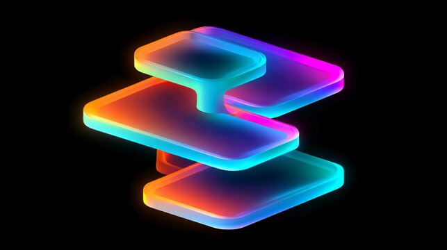 Abstract 3d glowing neon floating platforms in vibrant orange pink and blue gradient colors stacked on central pillar against dark background.