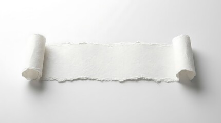 Obraz premium White handmade paper scroll with ripped deckle edges unrolled on a clean light background with soft shadows