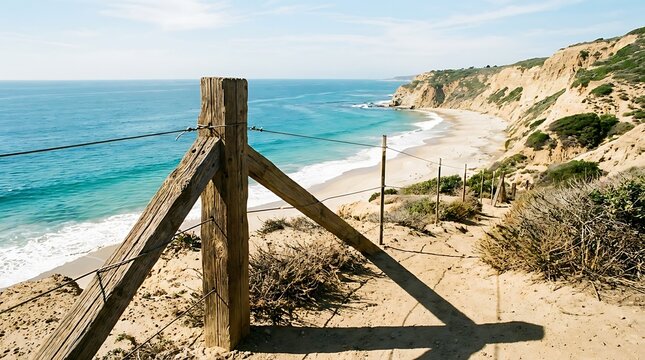Wooden fence on coastal cliff overlooking serene ocean and sandy beach