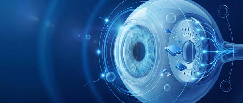 Futuristic bionic eye structure with integrated microchips and digital circuits on blue background