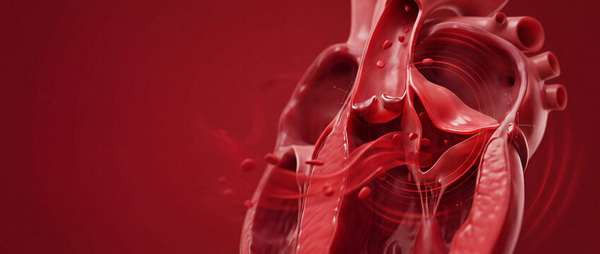 3D illustration of human heart cross section showing interior valves, blood flow, and cardiac structure on red background with copy space