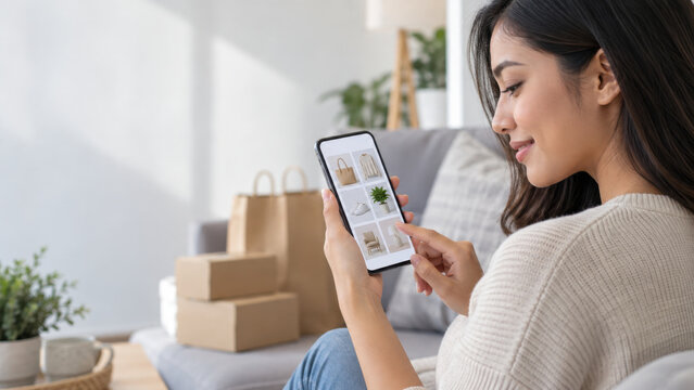 Photorealistic close-up of a young Southeast Asian woman holding a smartphone while browsing an online shopping application, generic product images on the screen with no readable text, modern lifestyl