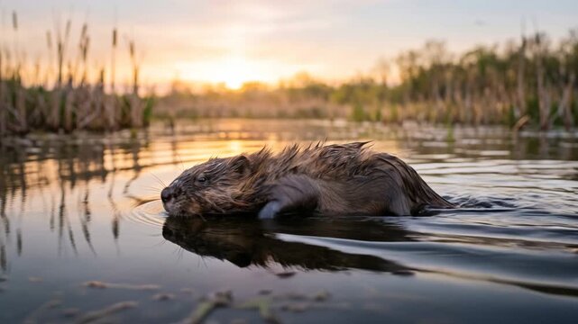 muskrat close up swimming at morning light in everglades national park florida video