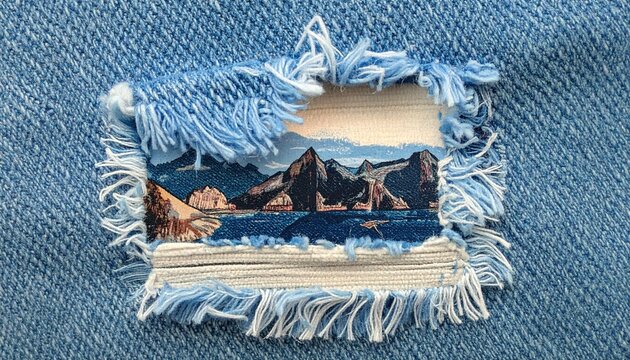 Frayed light blue denim fabric patch