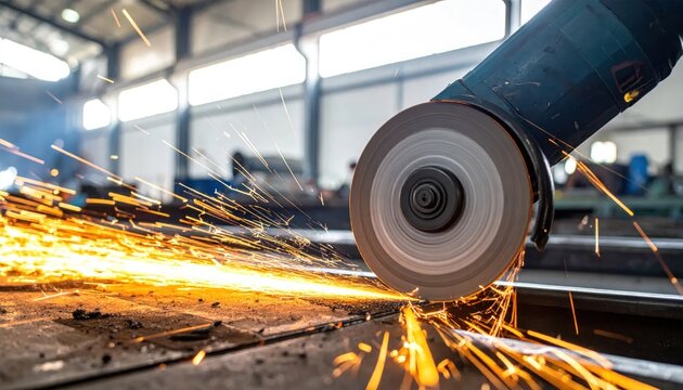 Close-up of an angle grinder in action, creating a shower of sparks against metal in a workshop environment.