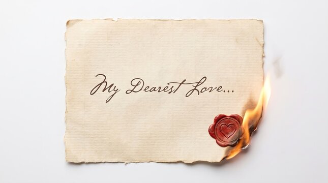 Burning vintage paper with wax seal and handwritten text on white background