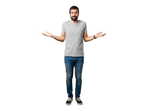 A bearded man standing with his arms open in a gesture of uncertainty
