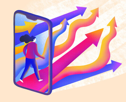 Person walks out of smartphone with colorful arrows pointing forward