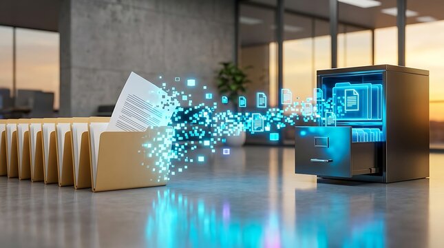 Digital transformation process showcasing physical paper documents in folders converting into glowing blue data pixels flying into a secure server cabinet.