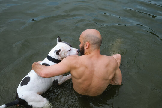 Man Plays With Dog in Lake Water Summer Activity