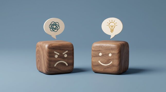 Happy and sad wooden block faces with thought bubbles