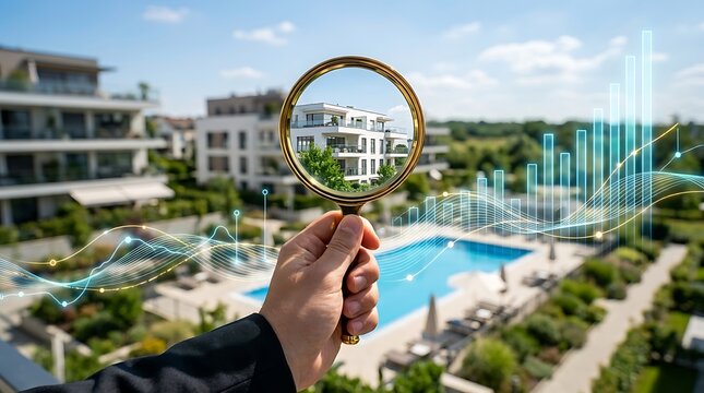Hand holding magnifying glass over modern apartment building with swimming pool and financial graph overlay indicating real estate investment analysis.