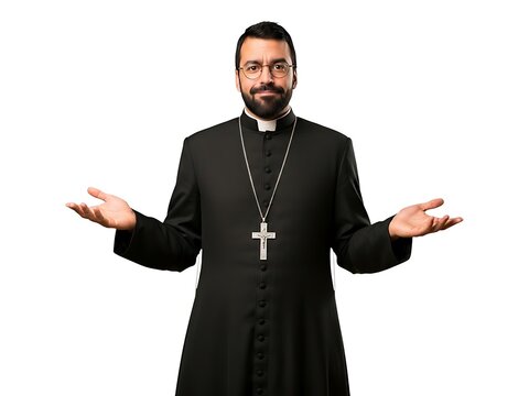 A bearded priest in a black cassock with a cross necklace gesturing openly