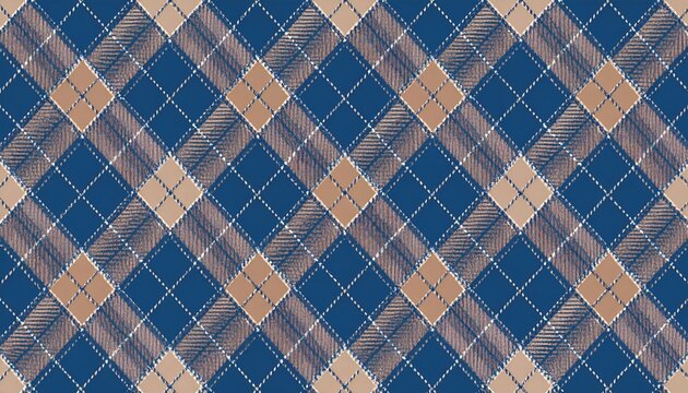 Blue and brown plaid tartan wool fabric with classic woven pattern