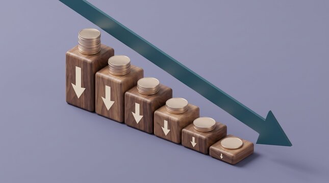 Stack of money containers showing decreasing funds with downward arrow background