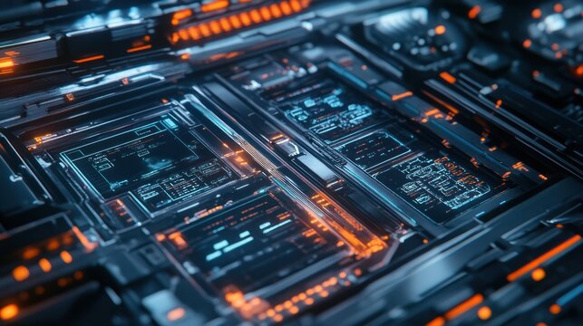 Futuristic sci-fi electronic circuit board with glowing orange and blue lights, advanced technology background