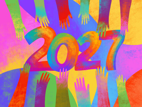 Colorful hands and numbers in celebration of the year 2027