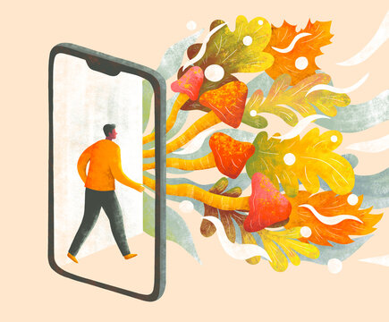 Person walking out of phone into colorful autumn nature scene