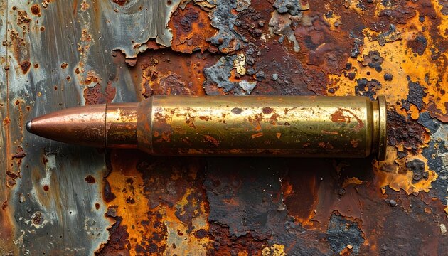 Old corroded bullet shell casing with weathered rusty metal texture