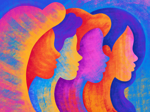Colorful artwork of women&rsquo;s faces in profile view