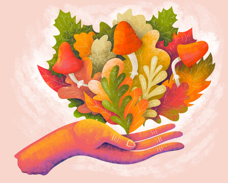Colorful hand holding autumn leaves and mushrooms
