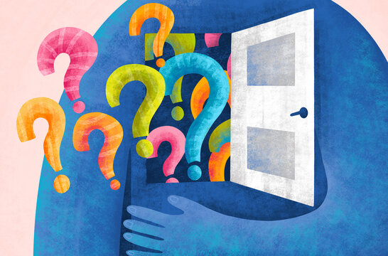 Colorful question marks are coming from an open door inside person