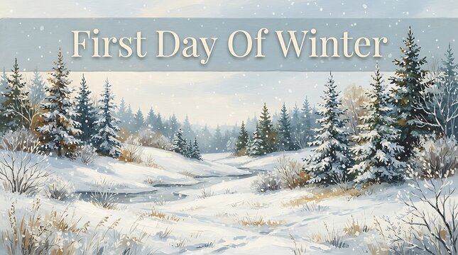 Artistic winter forest scene with snow-covered trees and a winding stream in a watercolor style evergreen