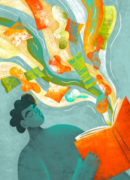 Reading sparks creativity in a colorful scene