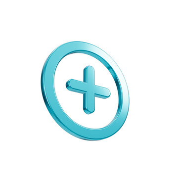 Stunning glowing turquoise blue 3d icon depicting a plus sign symbol centered neatly inside a circular ring shape isolated against a clean solid dark black background transparent png format