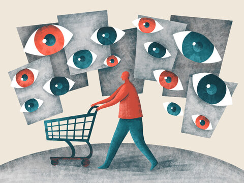 Person pushes shopping cart under many eyes