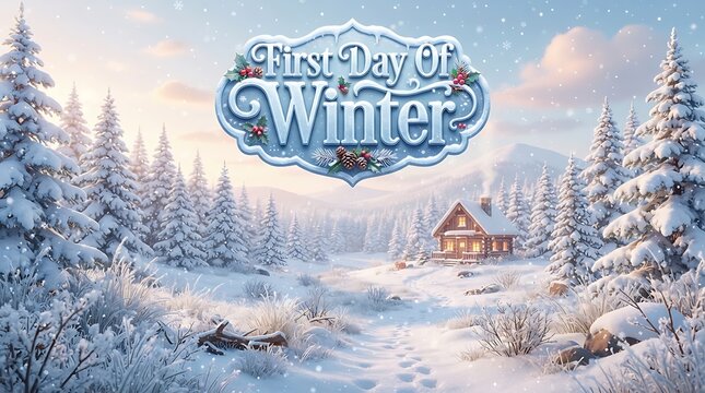 First Day Of Winter text above a snowy forest landscape with a log cabin and footprints image photo