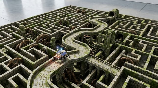 Aerial view of a complex green hedge maze with winding pathways and shadowed areas