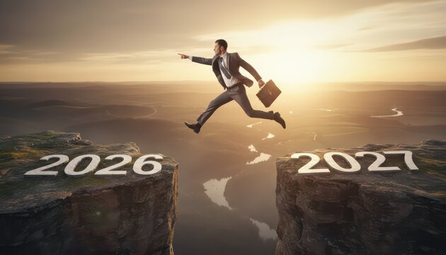Motivational business leap over cliff gap, 2026 goal concept, sunrise success landscape