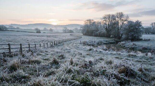 Frosty English Countryside Landscape at Sunrise with Winding Path and River winter